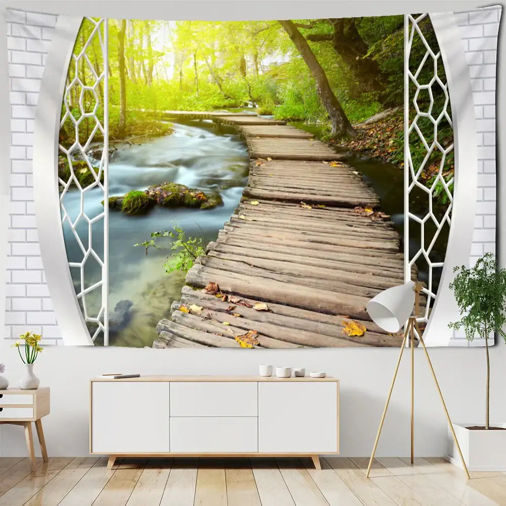 Bohemian wood tapestry wall hanging garden scene bedroom decor