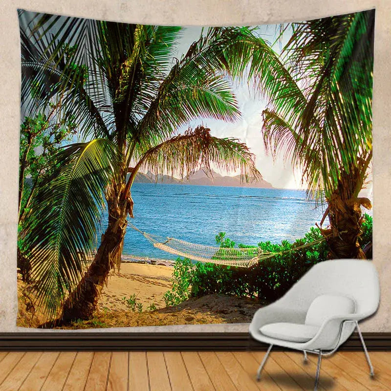 Boho beige beach view mandala tapestry bedroom wall hanging
