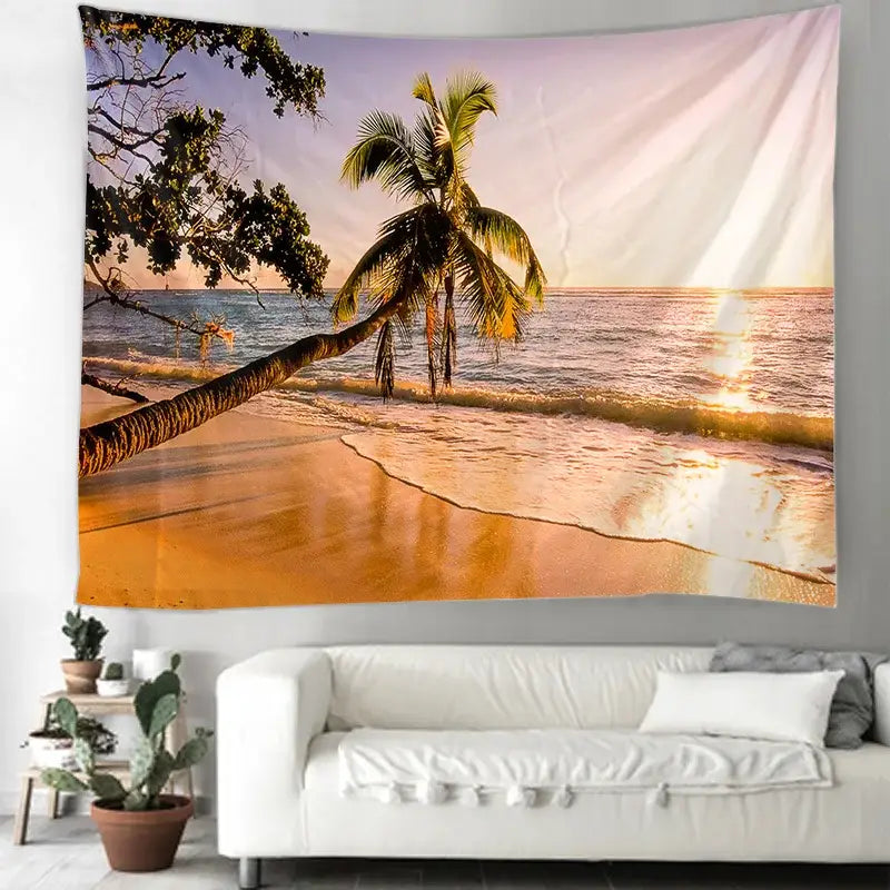 Boho beige beach view mandala tapestry bedroom wall hanging