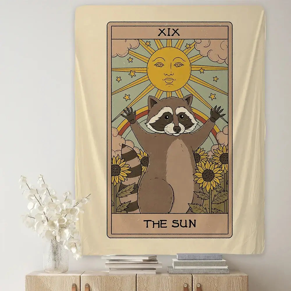 Boho beige cute raccoon tarot card tapestry bedroom wall art
