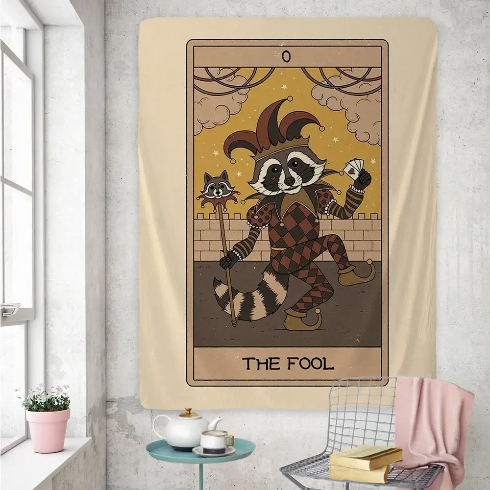 Boho beige cute raccoon tarot card tapestry bedroom wall art