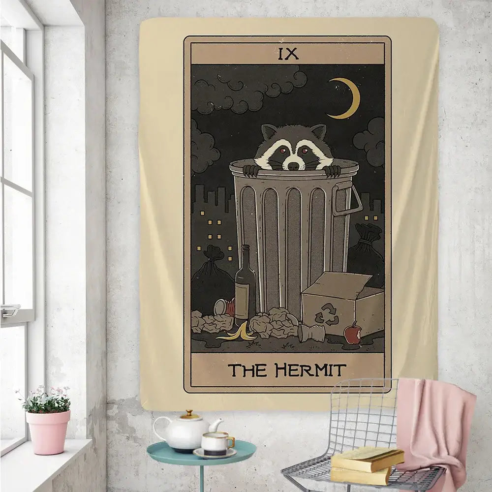 Boho beige cute raccoon tarot card tapestry bedroom wall art