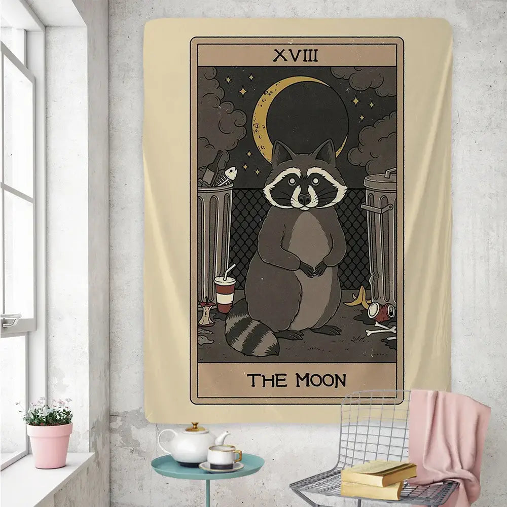 Boho beige cute raccoon tarot card tapestry bedroom wall art