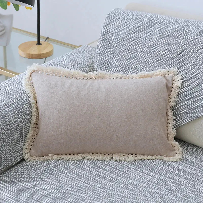 Boho beige linen tassel pillow cover set for living room sofa