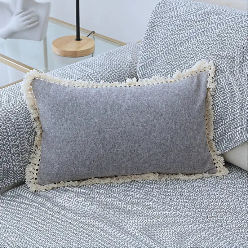 Boho beige linen tassel pillow cover set for living room sofa