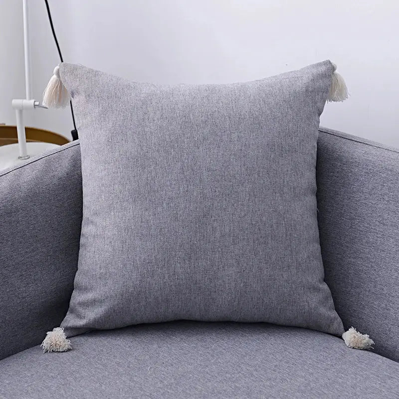 Boho beige linen tassel pillow cover set for living room sofa