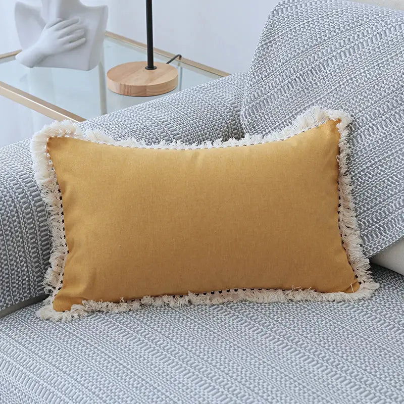 Boho beige linen tassel pillow cover set for living room sofa