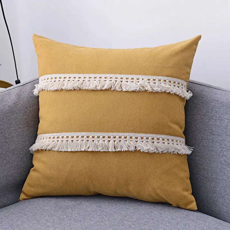 Boho beige linen tassel pillow cover set for living room sofa