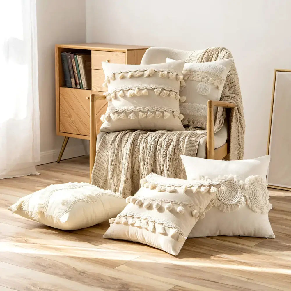 Boho beige tufted fringed cushion cover living room pillow case