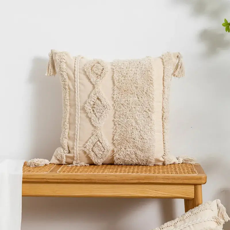 Boho beige tufted fringed geometric pillow cover living room decor