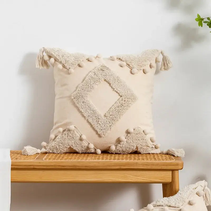 Boho beige tufted fringed geometric pillow cover living room decor