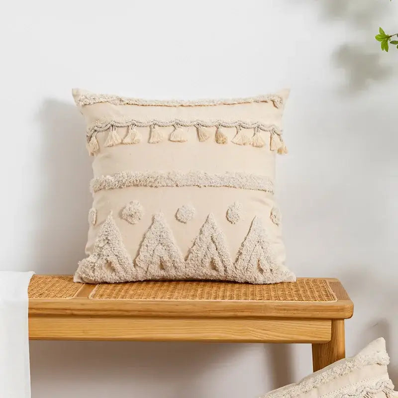 Boho beige tufted fringed geometric pillow cover living room decor