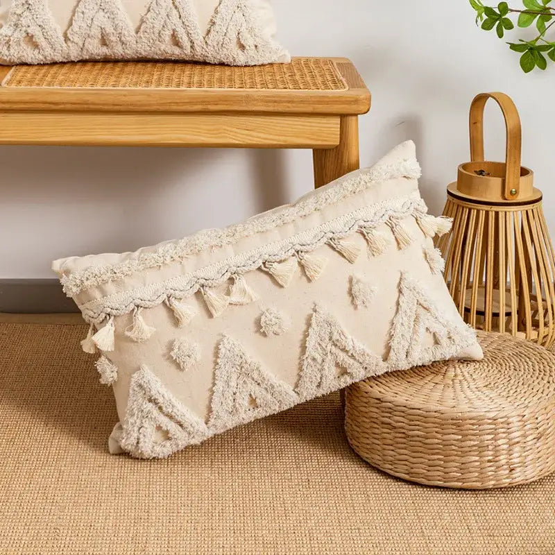 Boho beige tufted fringed geometric pillow cover living room decor