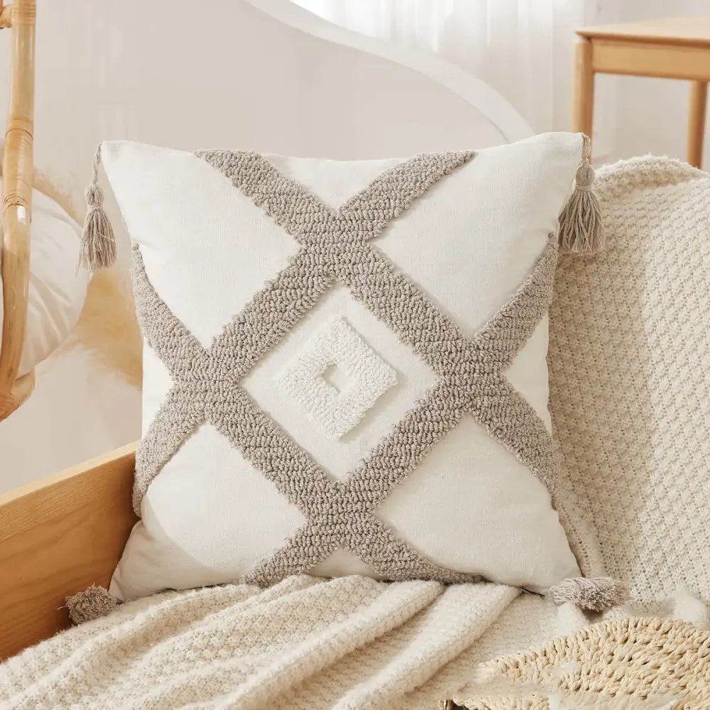 Boho beige white striped pillow cases living room tassel fringed decor