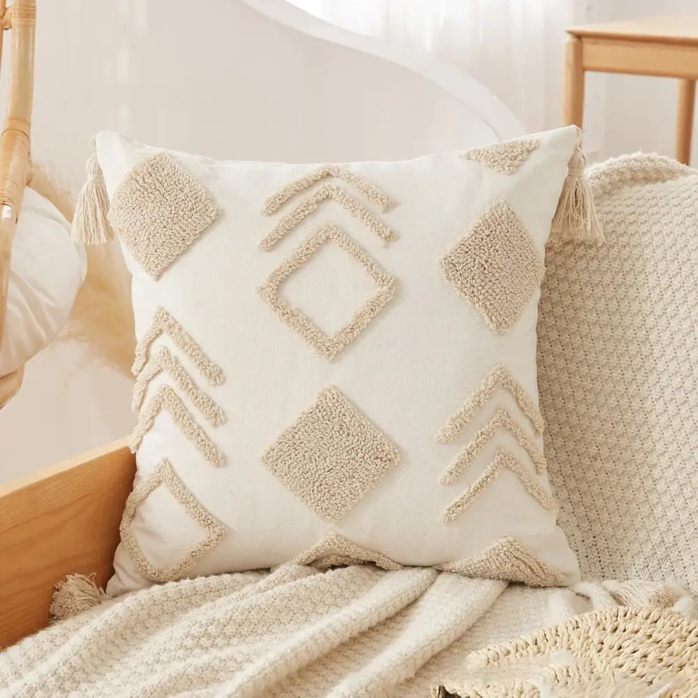 Boho beige white striped pillow cases living room tassel fringed decor