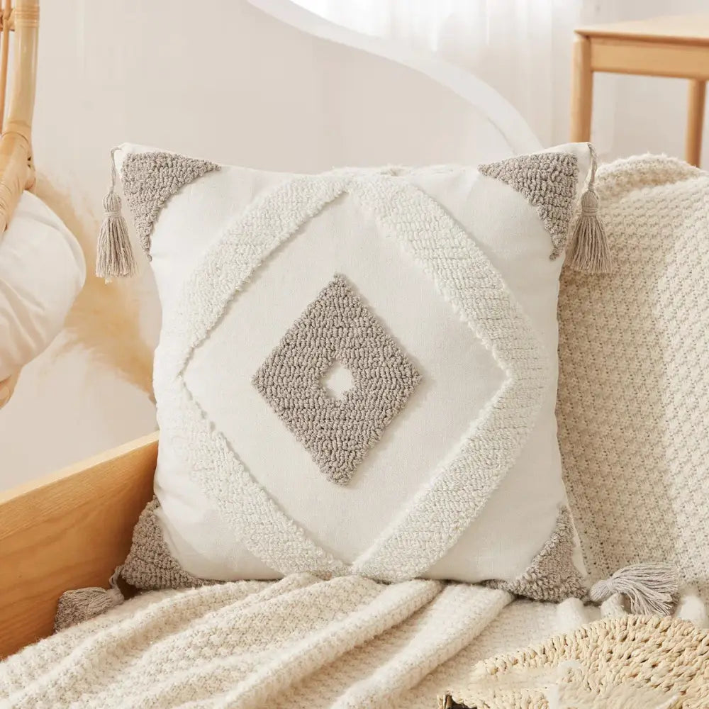 Boho beige white striped pillow cases living room tassel fringed decor