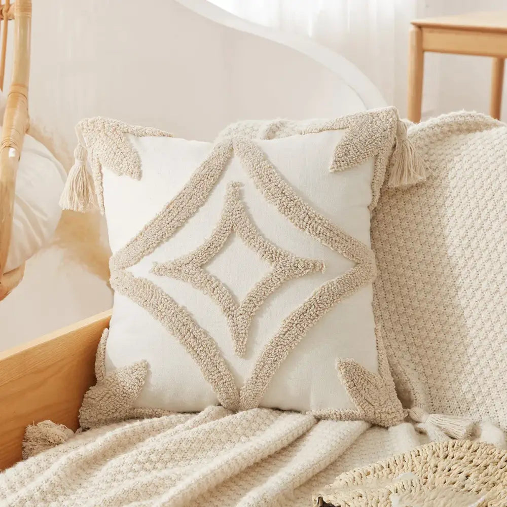 Boho beige white striped pillow cases living room tassel fringed decor