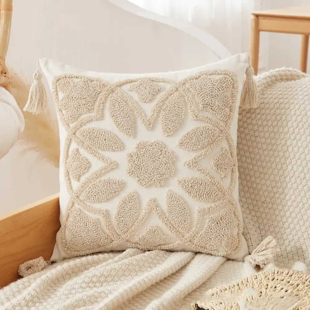 Boho beige white striped pillow cases living room tassel fringed decor