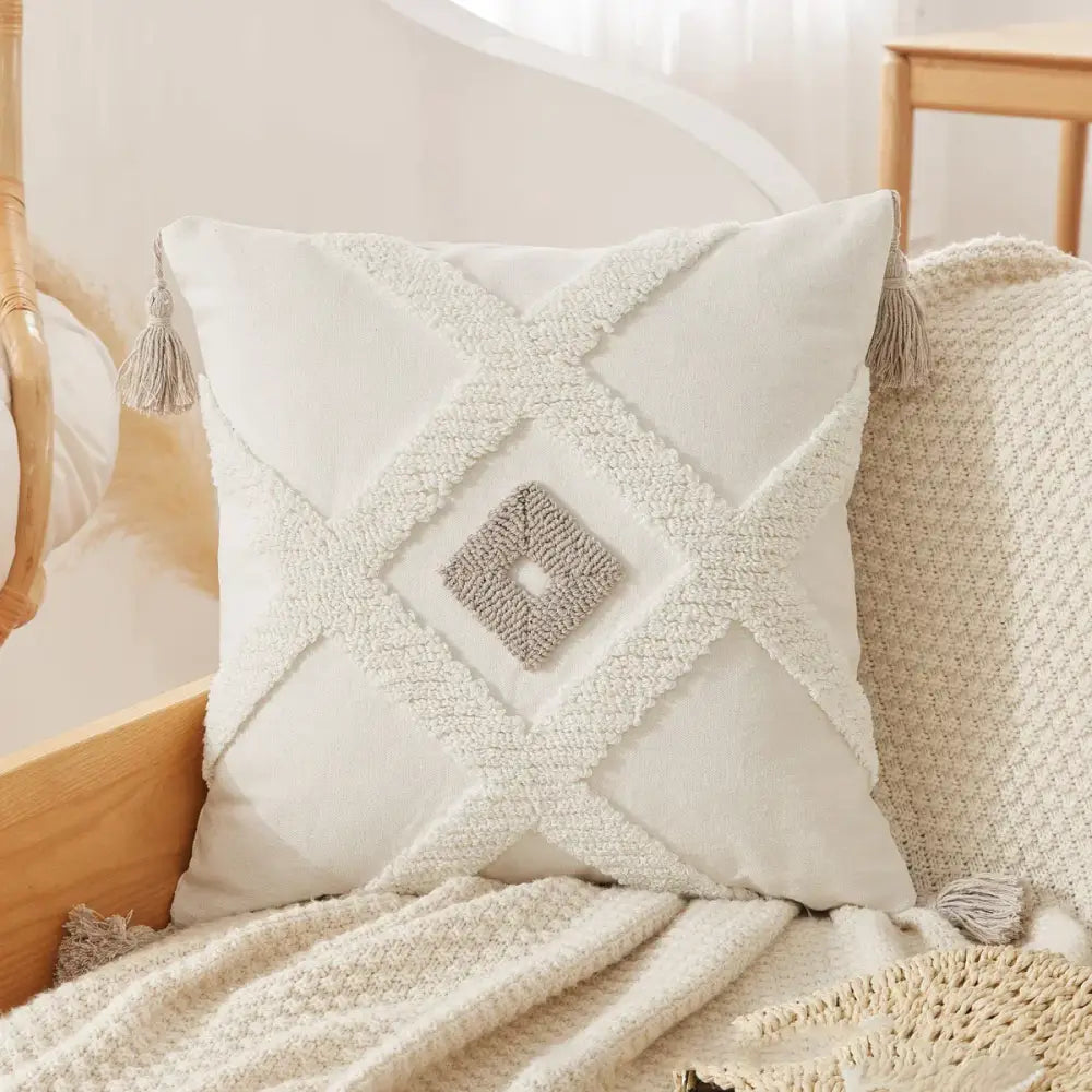 Boho beige white striped pillow cases living room tassel fringed decor