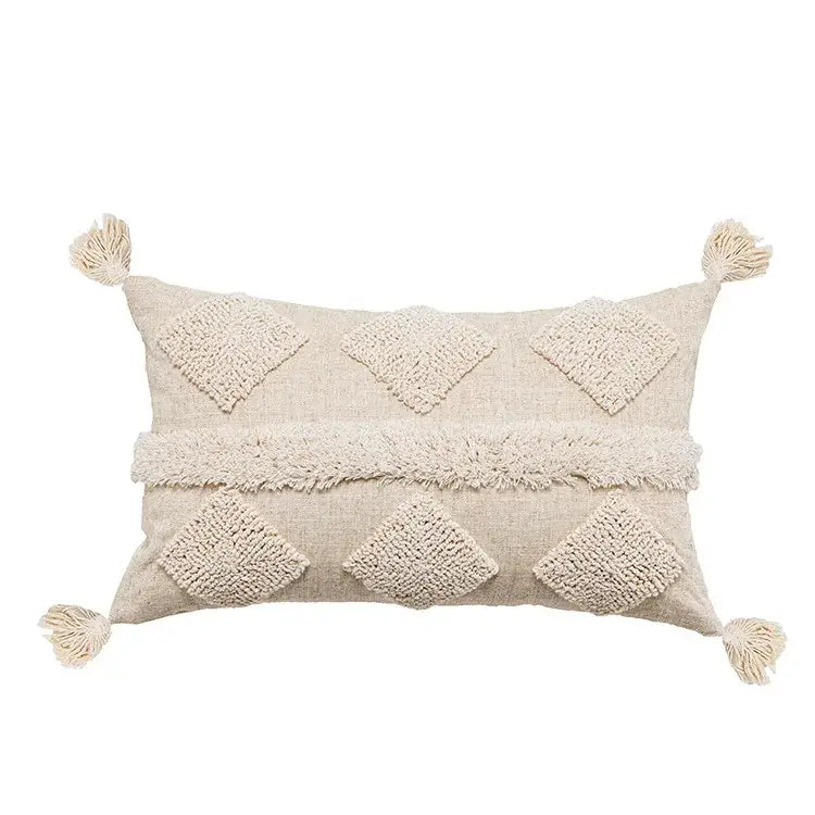 Boho beige white tufted tassel pillow covers bedroom decor
