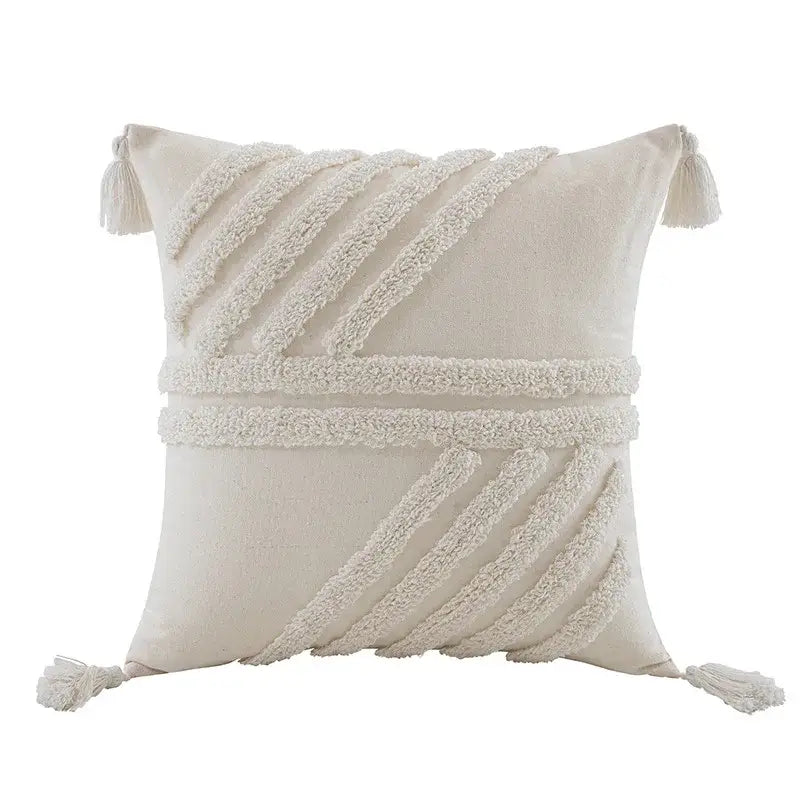 Boho beige white tufted tassel pillow covers bedroom decor