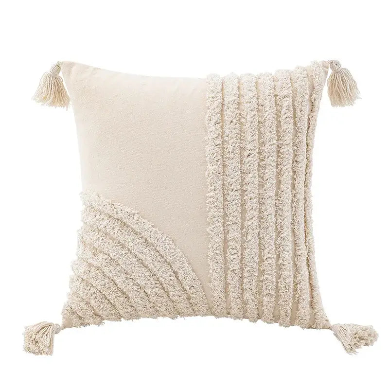 Boho beige white tufted tassel pillow covers bedroom decor