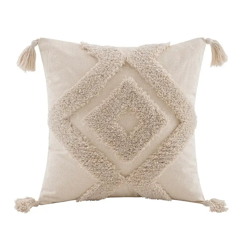 Boho beige white tufted tassel pillow covers bedroom decor