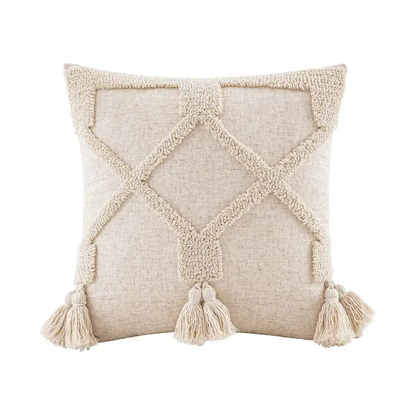 Boho beige white tufted tassel pillow covers bedroom decor