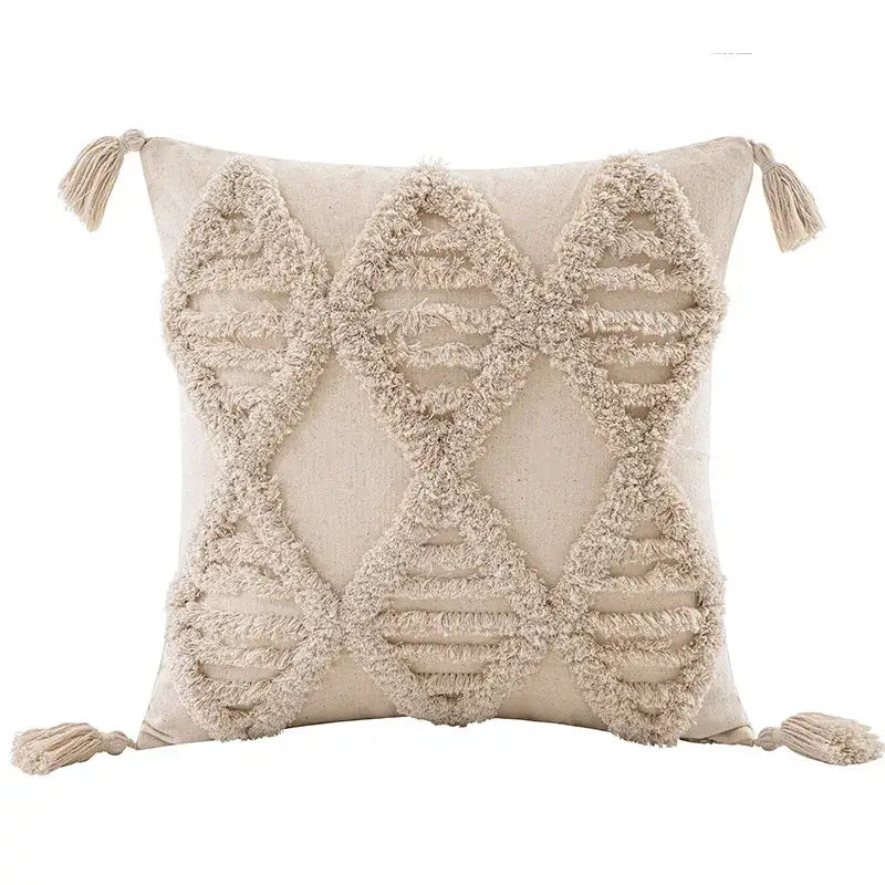 Boho beige white tufted tassel pillow covers bedroom decor