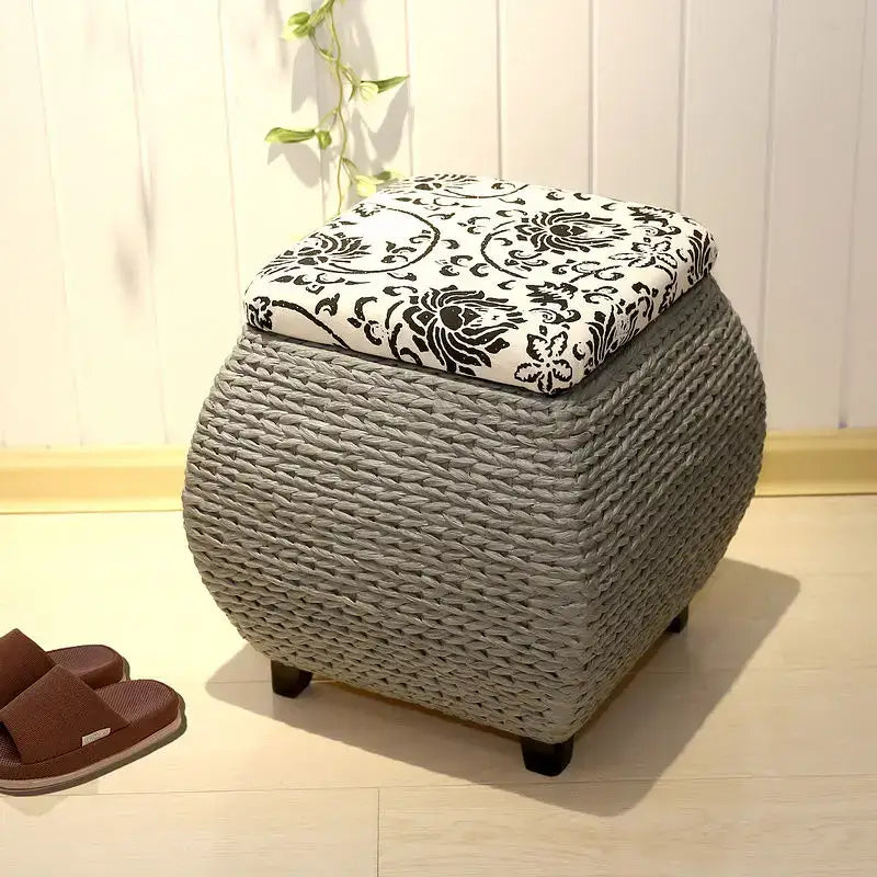 Boho beige woven rattan 3-in-1 storage stool bedroom footrest