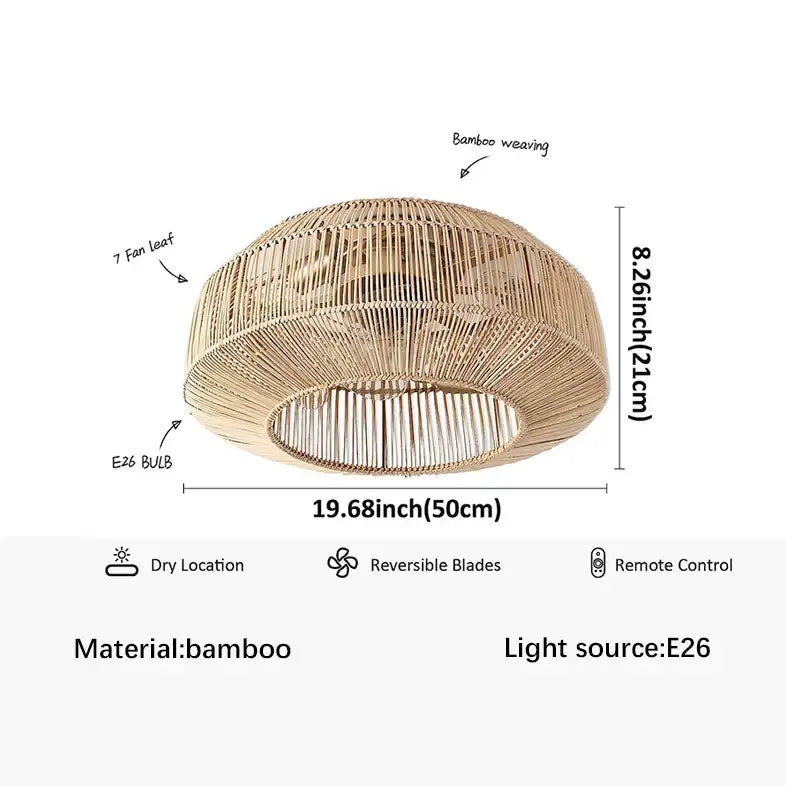 Boho beige woven rattan ceiling fan light for living room