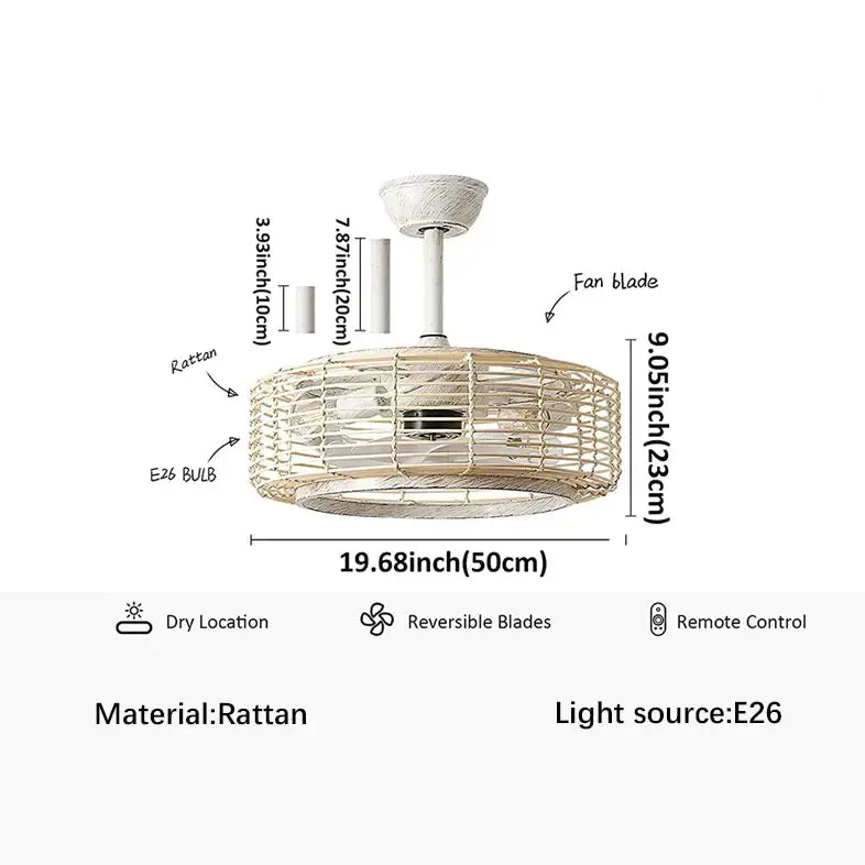 Boho beige woven rattan ceiling fan light for living room