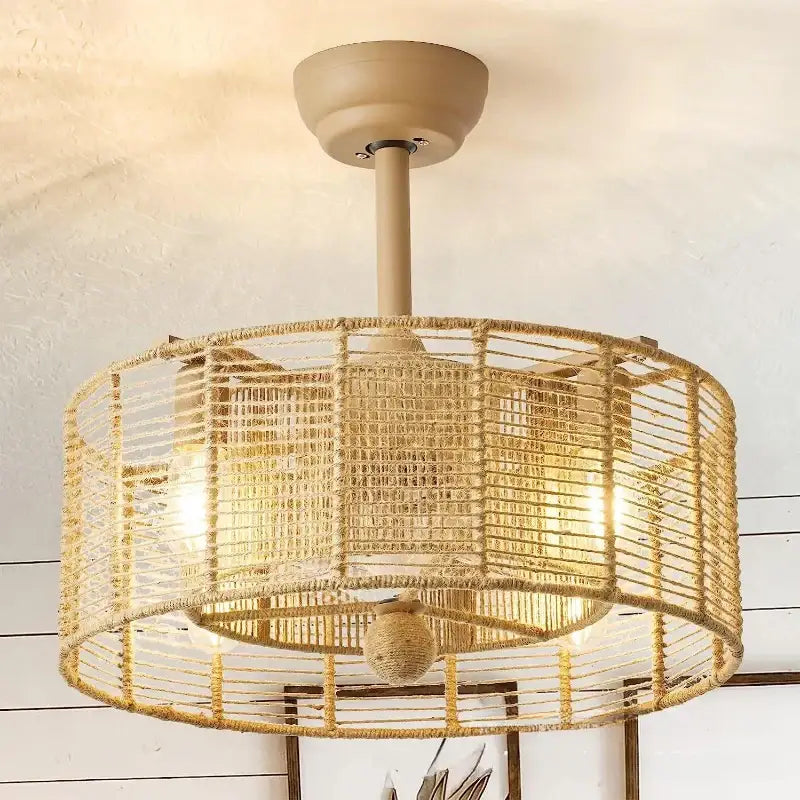 Boho beige woven rattan ceiling fan light for living room