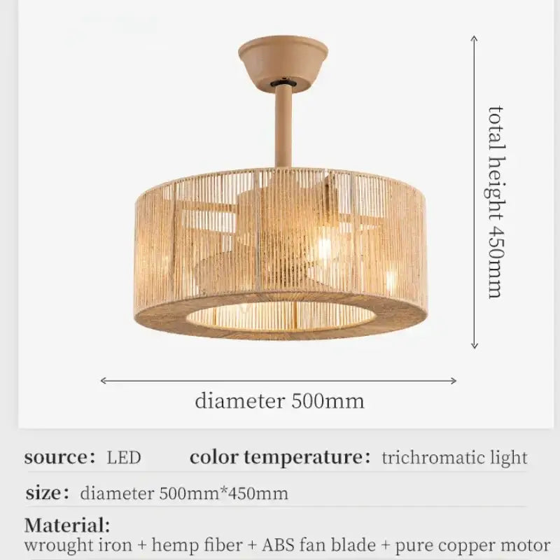 Boho beige woven rattan ceiling fan light for living room
