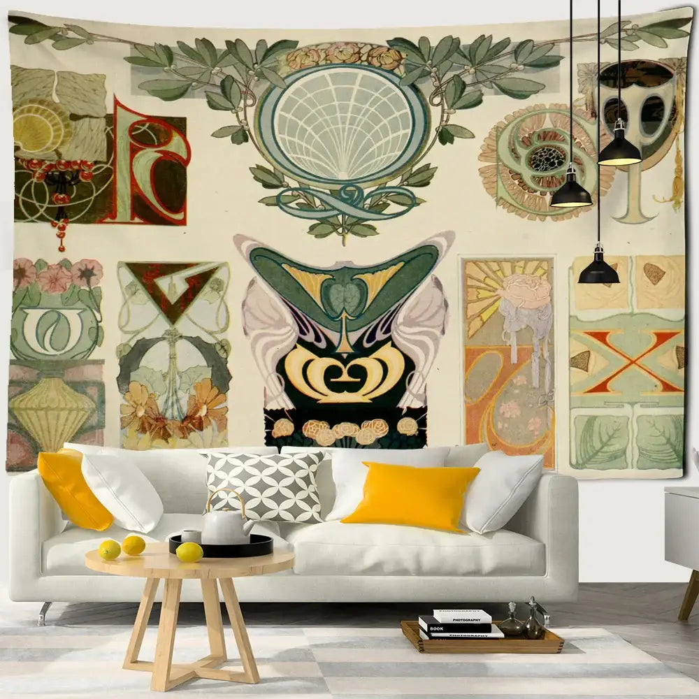Boho black and gold moon starry sky mushroom tapestry bedroom decor