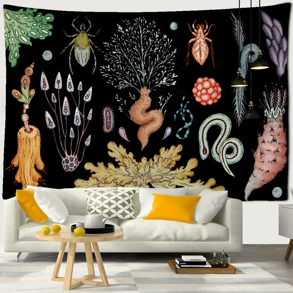 Boho black and gold moon starry sky mushroom tapestry bedroom decor