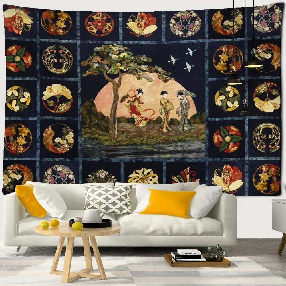 Boho black and gold moon starry sky mushroom tapestry bedroom decor