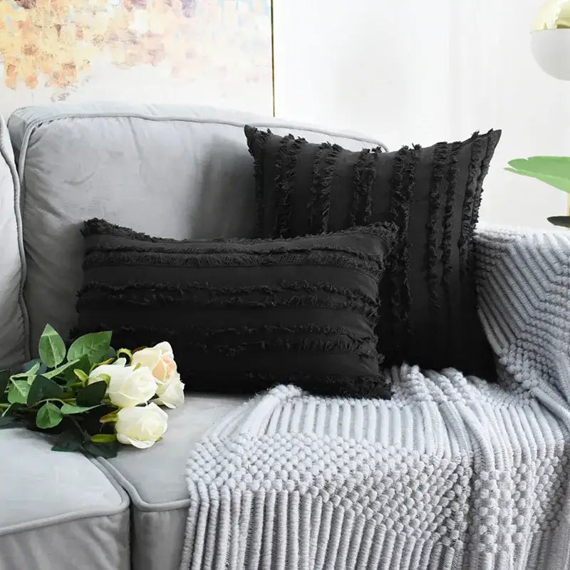 Boho black tassel striped pillow covers living room decor