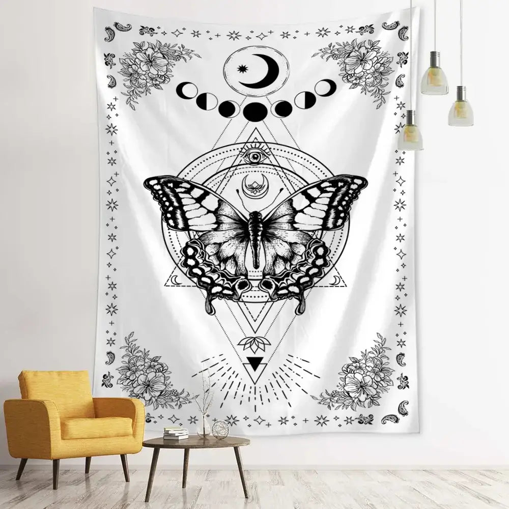 Boho black & white geometric butterfly tapestry bedroom wall hanging