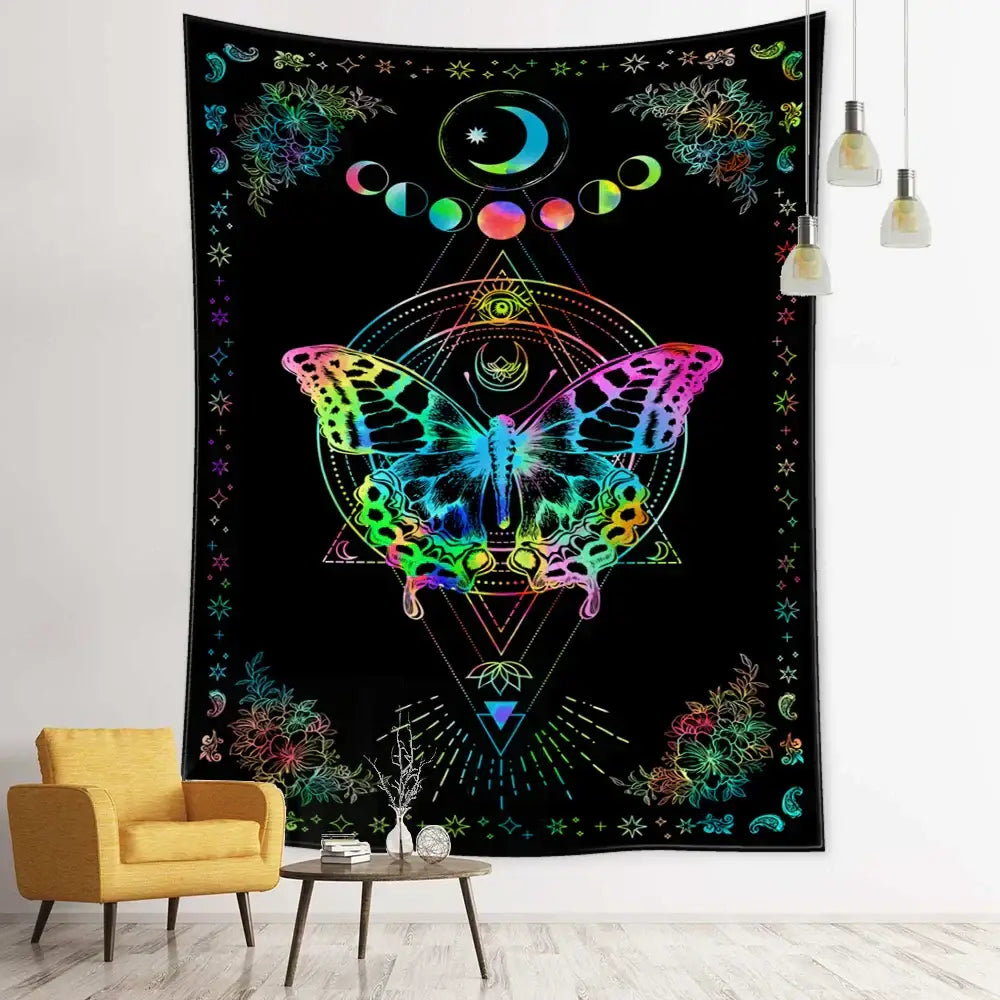 Boho black & white geometric butterfly tapestry bedroom wall hanging