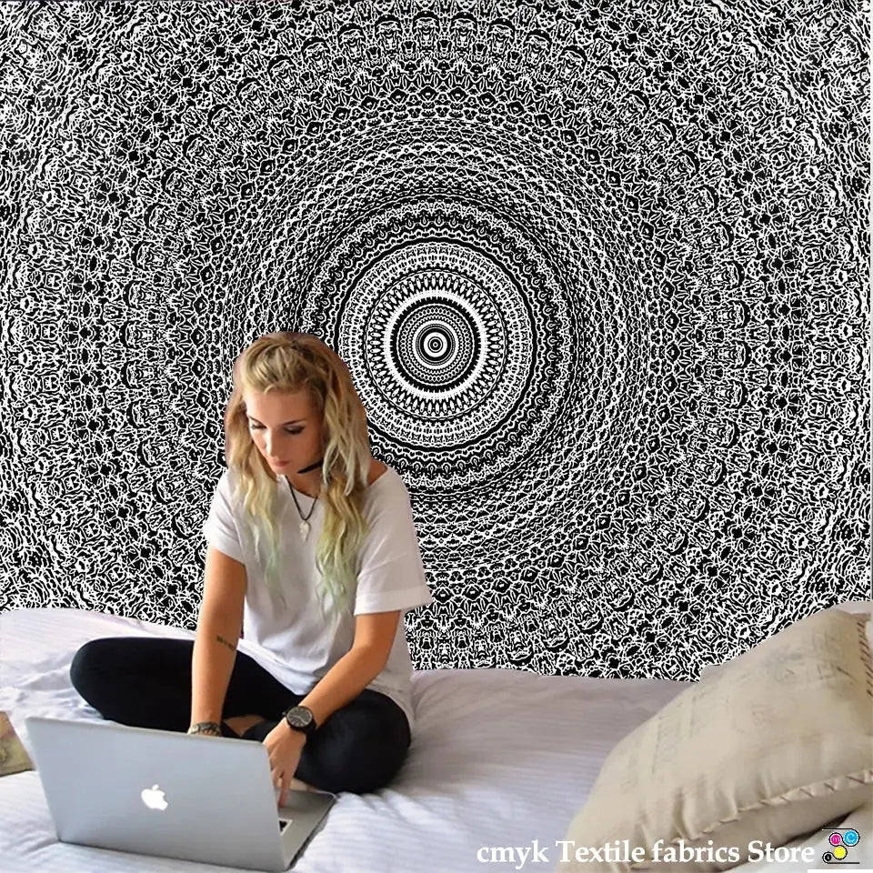 Boho black & white mandala tapestry bedroom wall hanging