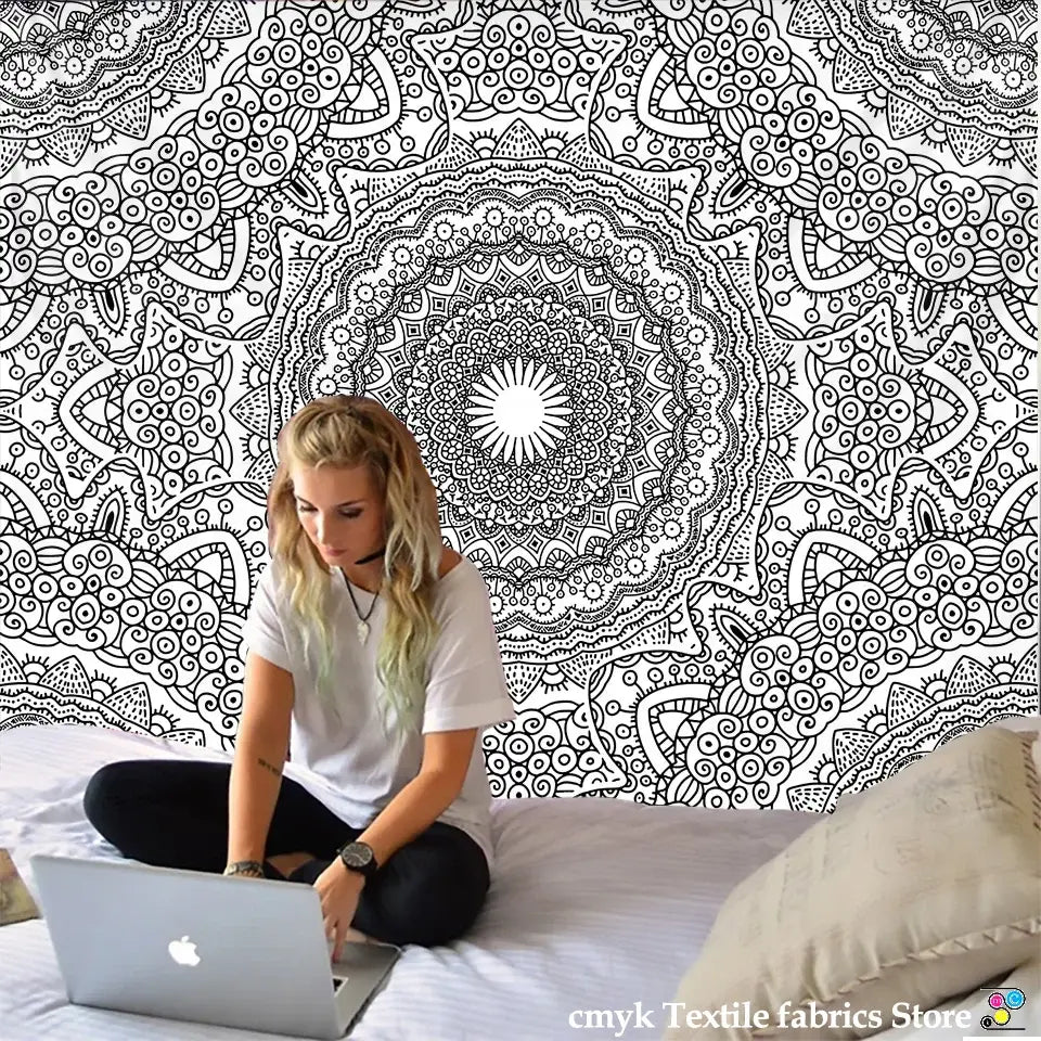 Boho black & white mandala tapestry bedroom wall hanging