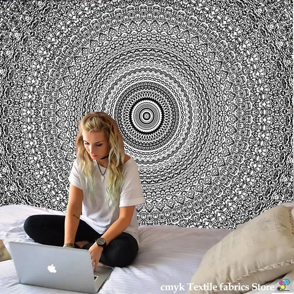 Boho black & white mandala tapestry bedroom wall hanging