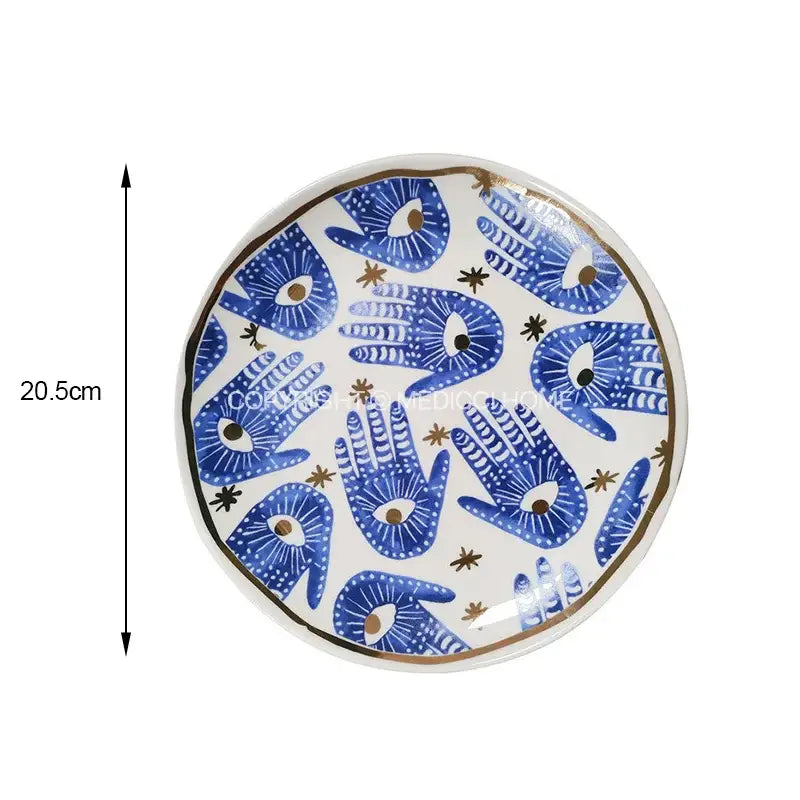 Boho blue and gold bright eyes ceramic dinner plate dining room