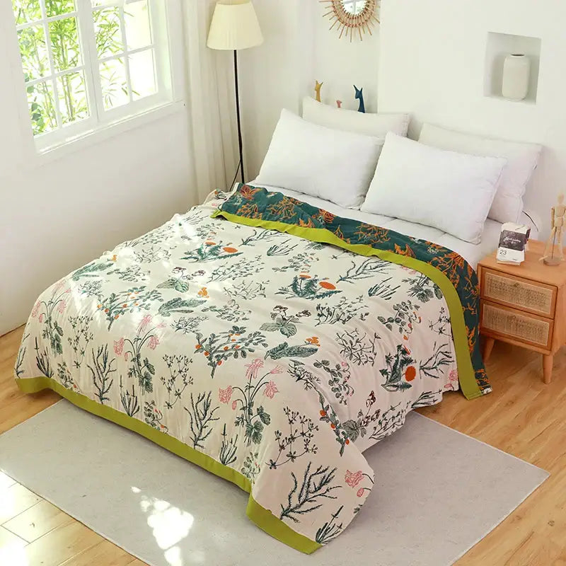 Boho blue & cream quilted sofa chair cover blanket bedroom floral
