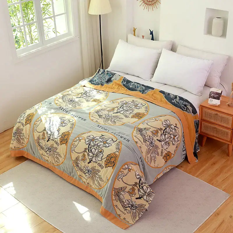 Boho blue & cream quilted sofa chair cover blanket bedroom floral