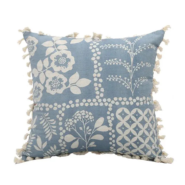 Boho blue & white tassel cushion cover living room pillow