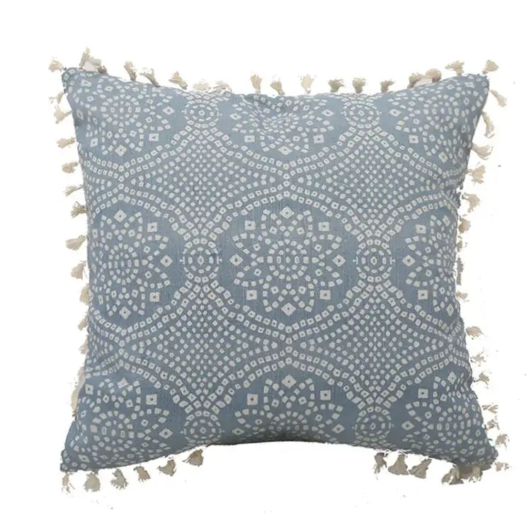 Boho blue & white tassel cushion cover living room pillow