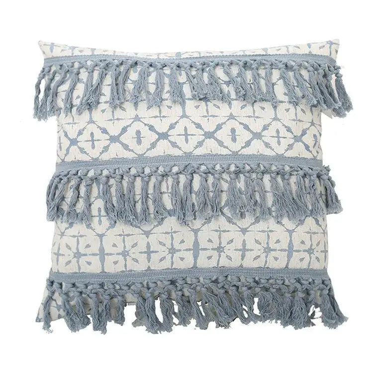 Boho blue & white tassel cushion cover living room pillow