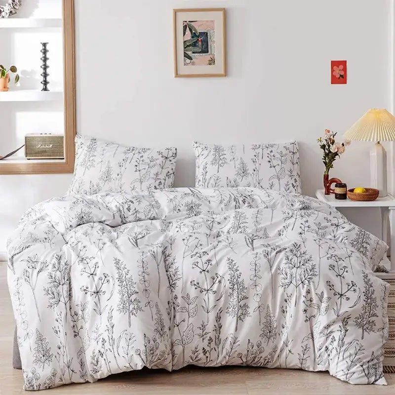 Boho chic black & white botanical bedding set bedroom duvet cover